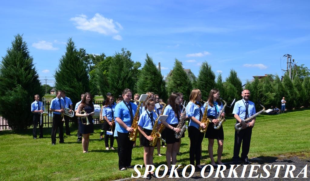 Grupa osób w niebieskich koszulach i czarnych spodniach lub spódnicach, trzymających instrumenty dęte, stojąca na zielonej trawie przed rzędami wysokich zielonych drzew.