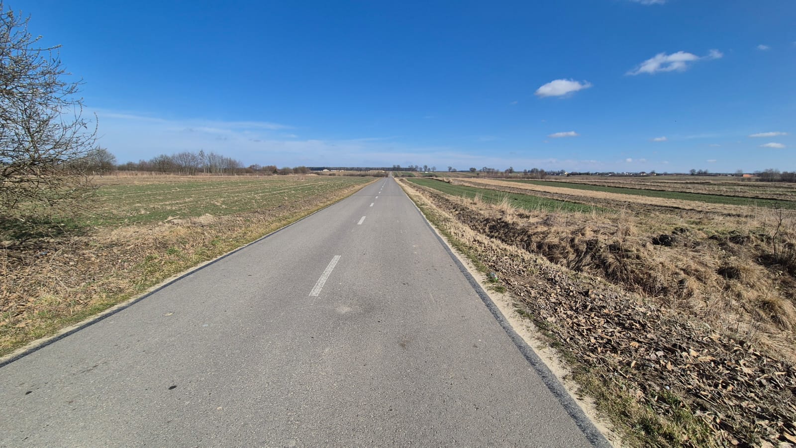 Prosta asfaltowa droga z białymi liniami pośrodku, po bokach pola z suchą trawą i krzewami, pod jasnym niebieskim niebem z kilkoma białymi chmurami.