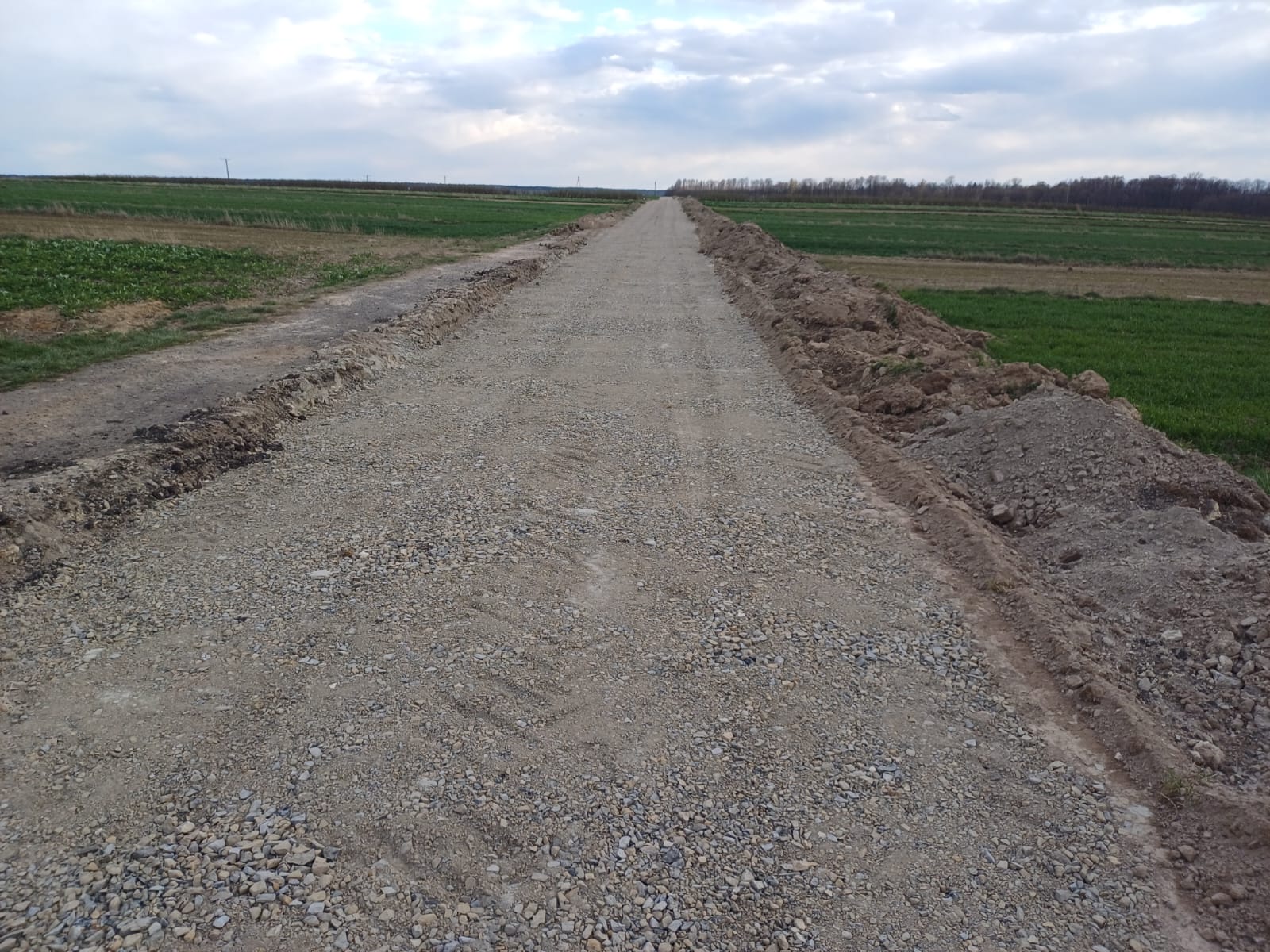 Droga gruntowa z kamieni i ziemi, po bokach kopce ziemi, otoczona zielonymi polami pod pochmurnym niebem.