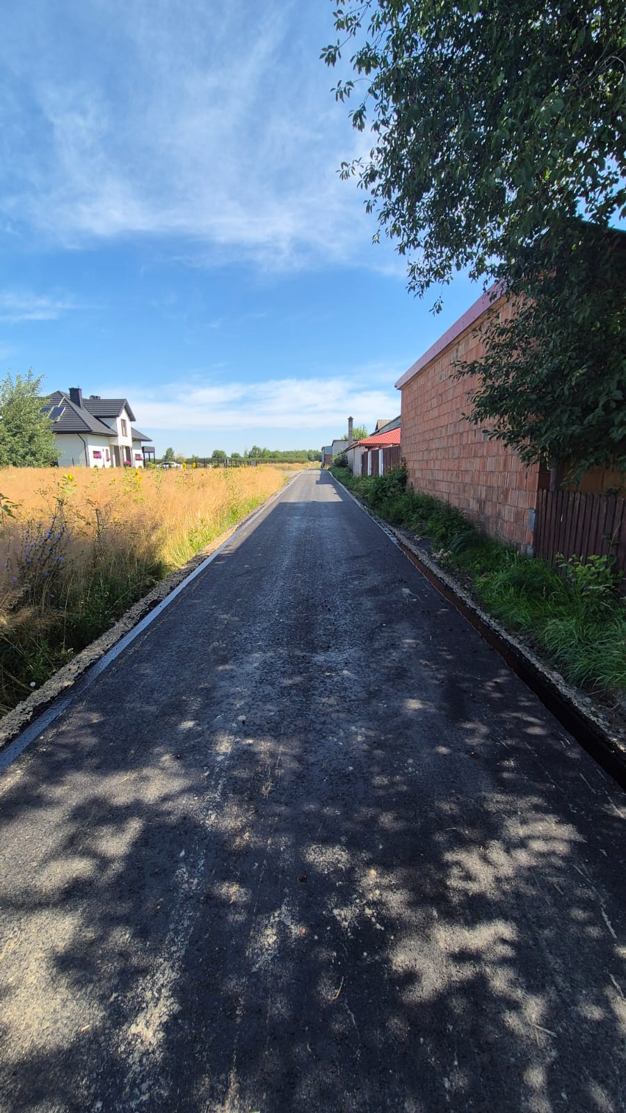 Asfaltowa droga z cieniem drzew, po lewej stronie wysokie suche trawy, po prawej murowany budynek i zieleń, niebieskie niebo z kilkoma chmurami.