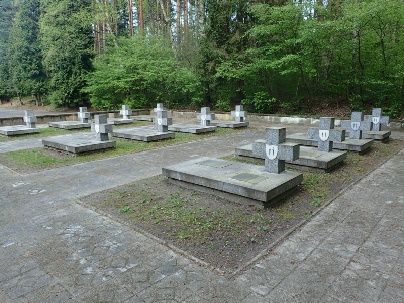 Szare kamienne groby z prostokątnymi płytami i pionowymi nagrobkami z herbami, otoczone chodnikami, na tle gęstego zielonego lasu.