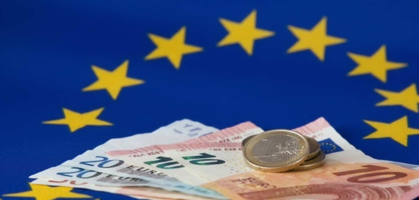 Banknoty euro o nominałach 10, 20 i 50 oraz trzy monety euro na tle niebieskiej tkaniny z żółtymi gwiazdami w półkolu.