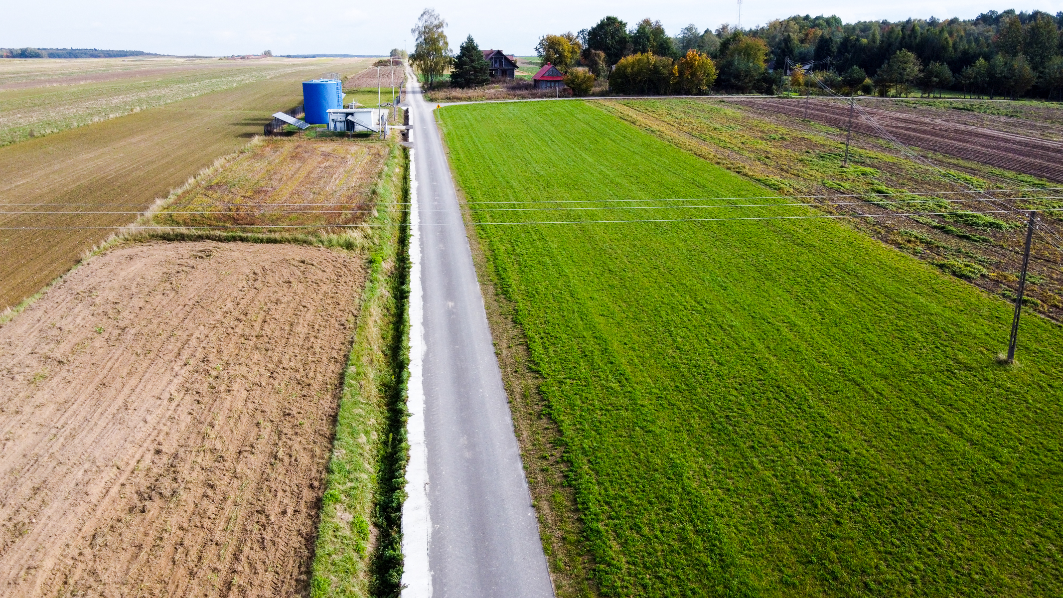 Droga asfaltowa między polami o różnych kolorach, z zielonymi i brązowymi fragmentami, z budynkami i drzewami na horyzoncie oraz liniami energetycznymi nad drogą.