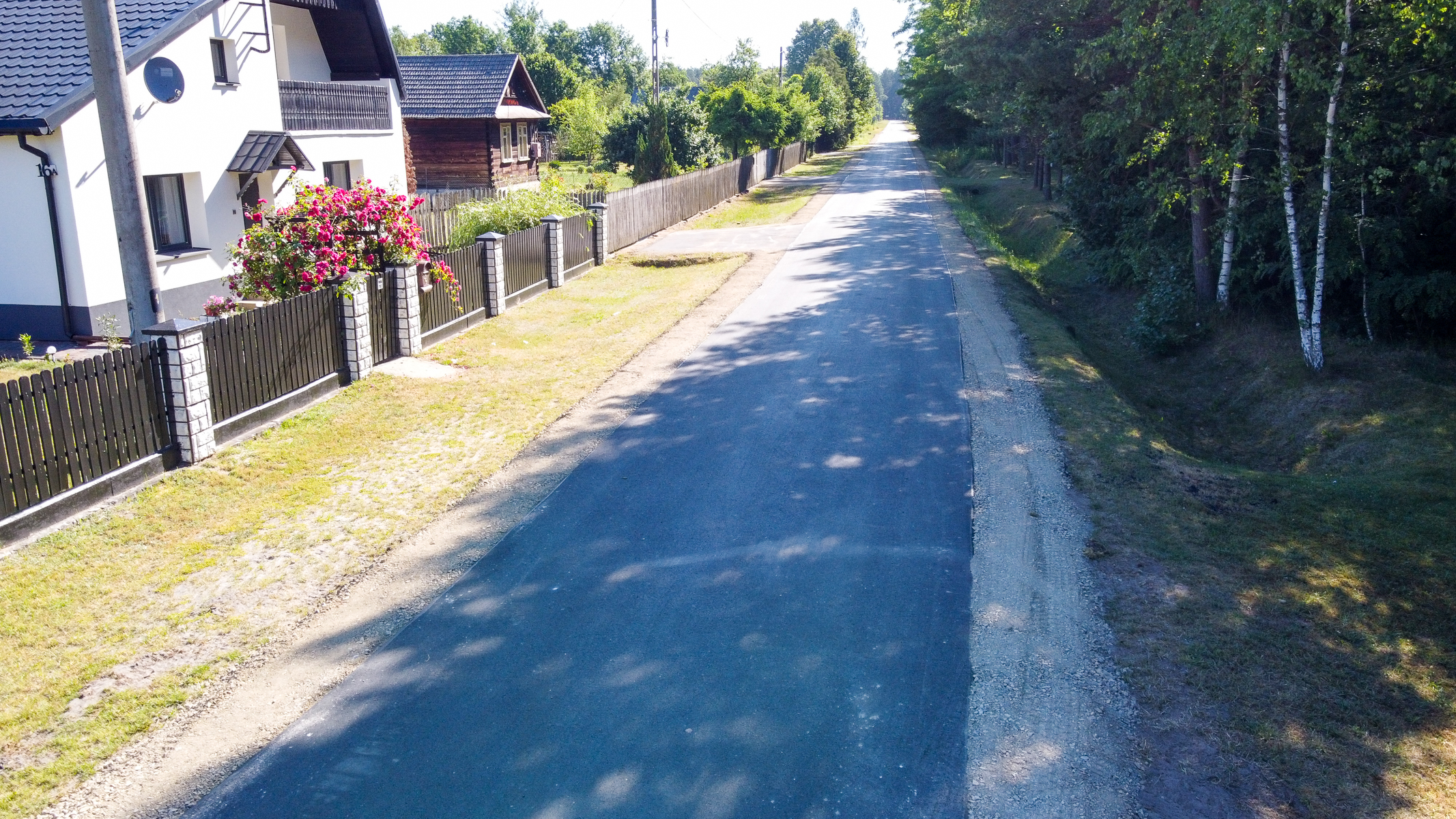 Asfaltowa droga z cieniem drzew, po lewej stronie domy z ogrodzeniem i kwitnące krzewy, po prawej zielone drzewa i trawnik.