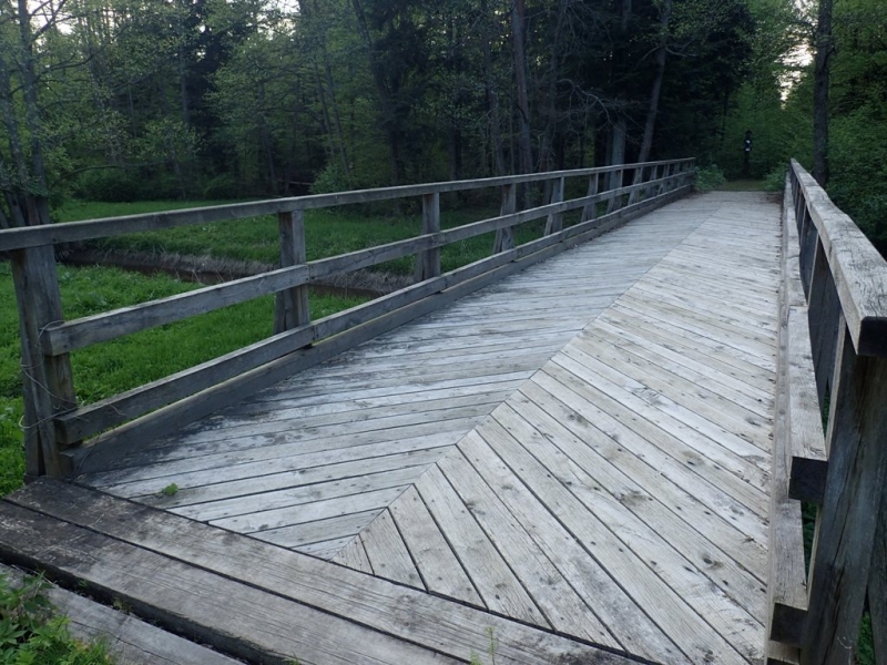 Most drewniany z balustradami, na tle zielonych drzew i trawy, pod koniec dnia, przy słabym świetle.
