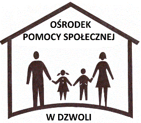 Czarny kontur domu z sylwetkami czterech osób: dwóch dorosłych i dwojga dzieci, napis „OŚRODEK POMOCY SPOŁECZNEJ W DZWOLI” na białym tle.