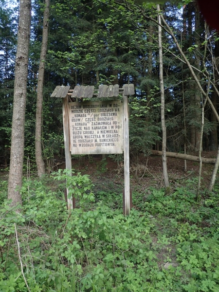 Drewniana tablica z napisem wśród zielonych krzewów i drzew w lesie, z widocznymi gałęziami i pniem drzewa.