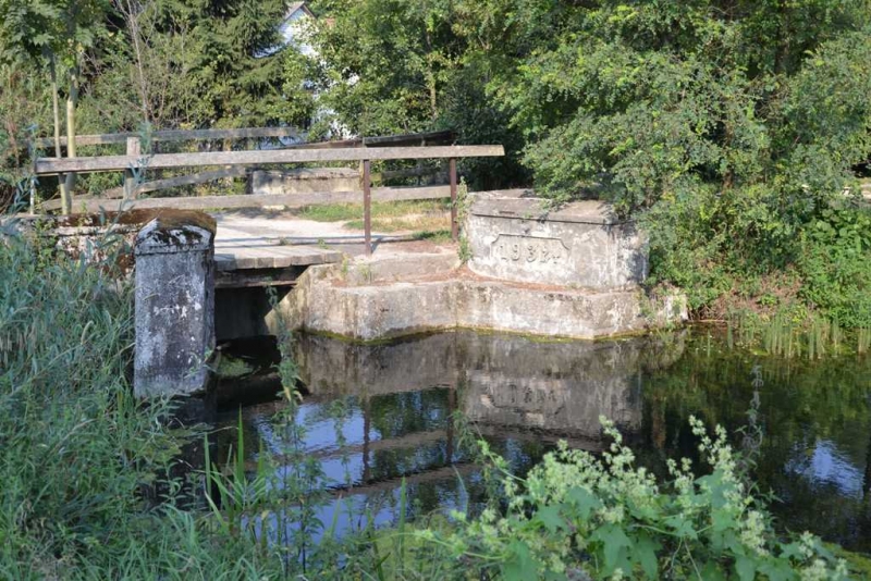 Stary kamienny mostek z drewnianą poręczą nad wodą, otoczony zielonymi drzewami i roślinnością, odbijający się w spokojnej tafli wody.