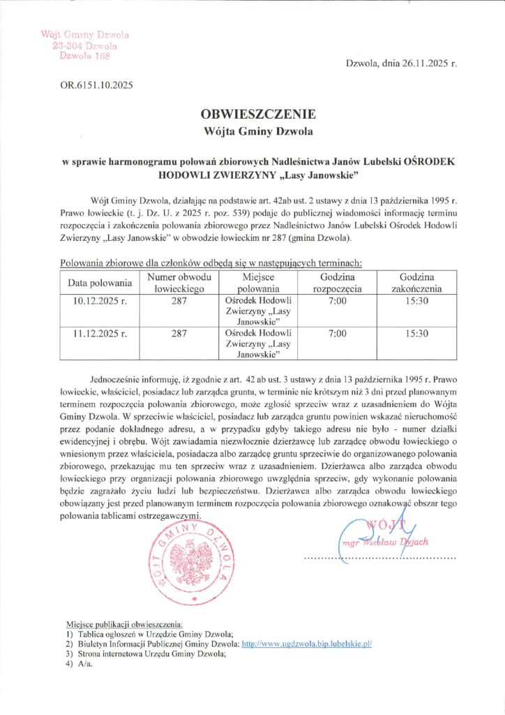 Oficjalny dokument informujący o harmonogramie polowań zbiorowych Nadleśnictwa Janów Lubelski w obwodzie łowieckim nr 287, z datami 10 i 11 grudnia 2025, godzinami 7:00-15:30.