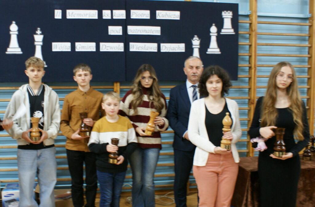 Sześć osób stoi w jednej linii na tle niebieskiej ścianki z dużymi szachowymi figurami i napisem, każda trzyma drewniany puchar w kształcie figury szachowej.