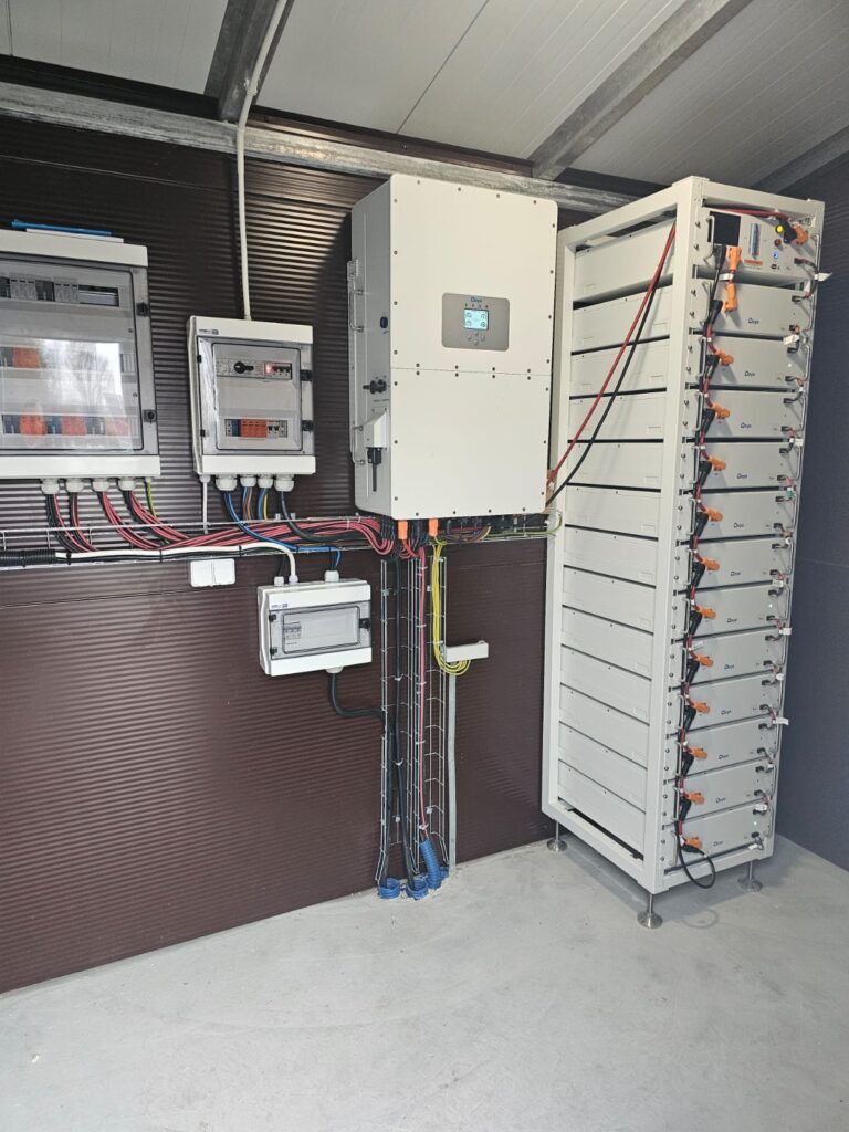 Szare urządzenia elektryczne i baterie w białej obudowie, kolorowe kable, brązowa ściana, jasna podłoga betonowa, metalowe belki sufitowe.