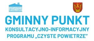 Niebieski napis na białym tle z herbem i logo programu, tekst informuje o gminnym punkcie konsultacyjno-informacyjnym programu "Czyste Powietrze".