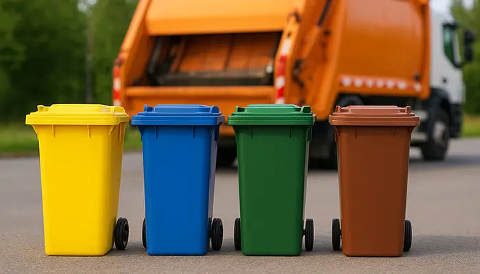 Cztery pojemniki na śmieci w kolorach żółtym, niebieskim, zielonym i brązowym ustawione na asfalcie, w tle pomarańczowy śmieciarka.