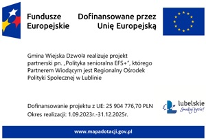 Logotypy Funduszy Europejskich, Unii Europejskiej i województwa lubelskiego na białym tle z tekstem o dofinansowaniu projektu Gminy Dzwola.