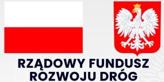 Flaga Polski obok godła Polski na czerwonym tle, poniżej czarny napis "RZĄDOWY FUNDUSZ ROZWOJU DRÓG" na białym tle.