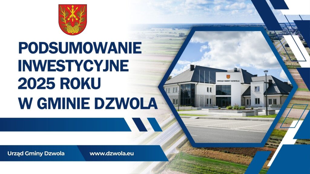 Herb gminy Dzwola, tekst granatową czcionką, biało-niebieskie tło, zdjęcie budynku Urzędu Gminy Dzwola w sześciokątnym granatowym obramowaniu.