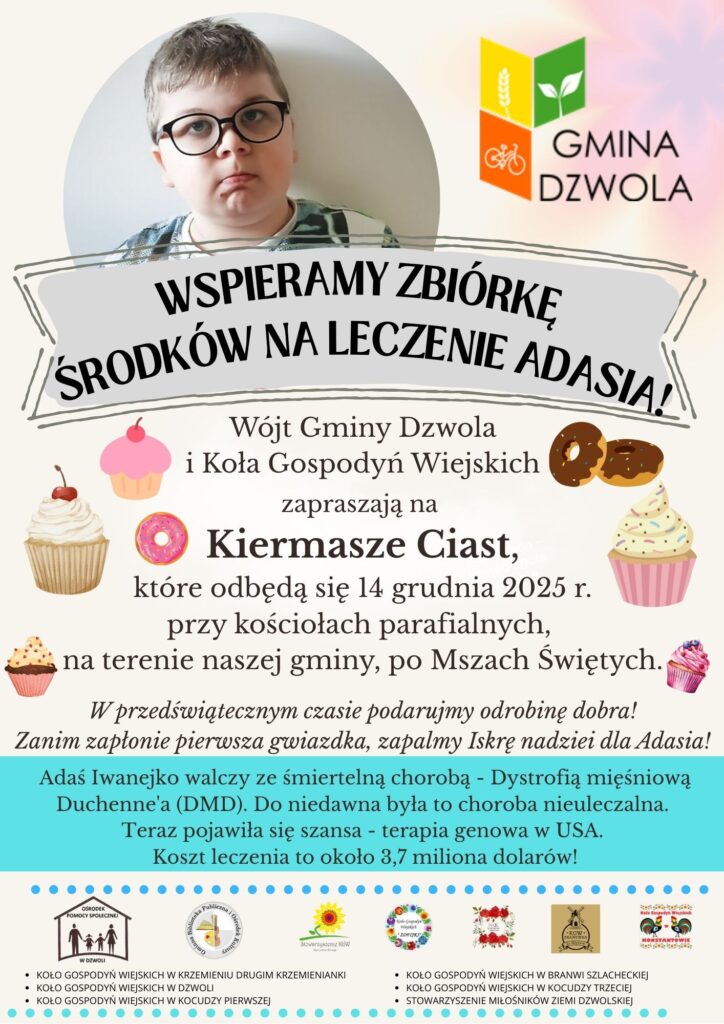 Chłopiec w okrągłej ramce, tekst o wsparciu zbiórki na leczenie Adasia, zaproszenie na kiermasze ciast 14 grudnia 2025, kolorowe ikony babeczek i pączków, logo Gmina Dzwola.