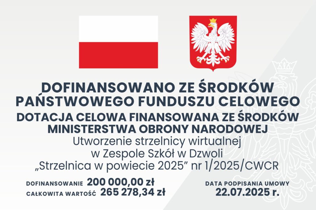 Flaga Polski i godło Polski na szarym tle, tekst o dofinansowaniu ze środków państwowego funduszu celowego, kwotach 200 000 zł i 265 278,34 zł oraz dacie 22.07.2025.