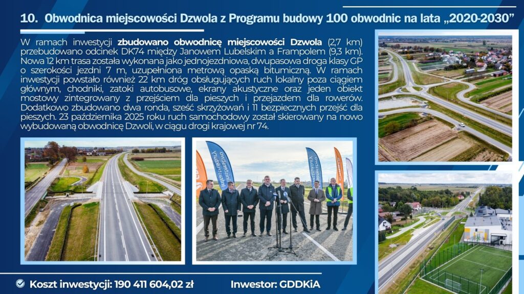 Nowoczesna obwodnica z dwupasmową jezdnią, ronda, chodnikami, obiektem mostowym, otoczenie pól i zabudowa wiejska, grupka mężczyzn podczas konferencji na drodze.