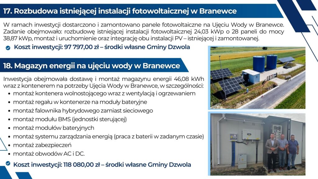 Panele fotowoltaiczne na tle zielonych pól oraz trzy mężczyźni stojący przy budynku z instalacją elektryczną na ścianie.