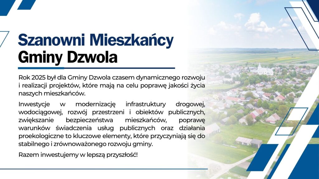 Tekst o rozwoju i inwestycjach w Gminie Dzwola na tle widoku na wiejskie domy i pola pod błękitnym niebem z białymi chmurami.
