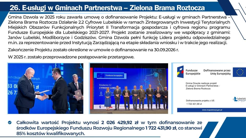 Trzy zdjęcia: dwóch mężczyzn podaje sobie ręce na tle niebieskiego ekranu, grupa ośmiu osób na scenie z niebieskim tłem z napisem Fundusze Europejskie, plansza informacyjna o dofinansowaniu UE z logotypami.