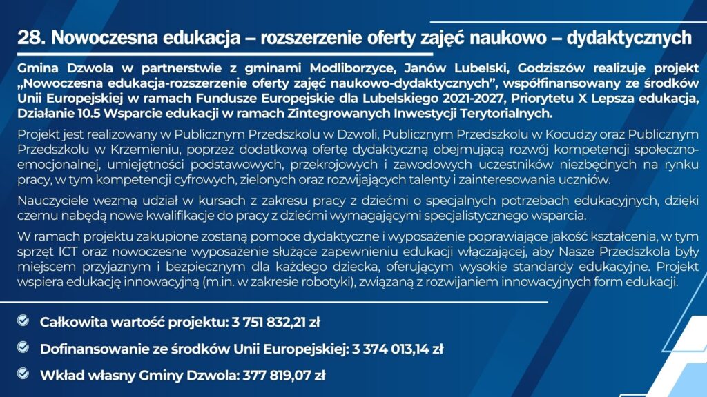 Tekst na granatowym tle opisujący projekt edukacyjny Gminy Dzwola z partnerami, dotyczący rozszerzenia oferty naukowo-dydaktycznej, z kwotami finansowania i wkładu własnego.