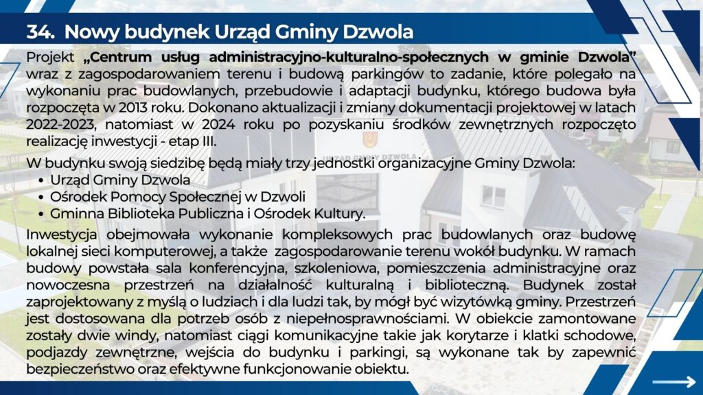 Nowoczesny budynek z jasnoszarym dachem i dużymi oknami, otoczony zielenią i parkingiem, z fragmentem tekstu o inwestycji na półprzezroczystym tle.