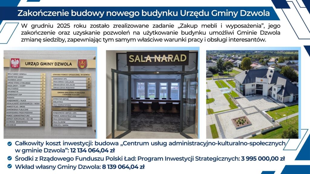 Tablica z nazwami wydziałów Urzędu Gminy Dzwola, szklane drzwi wejściowe do sali narad z widokiem na krzesła i stolik, nowoczesny budynek urzędu z otoczeniem zieleni i chodników.