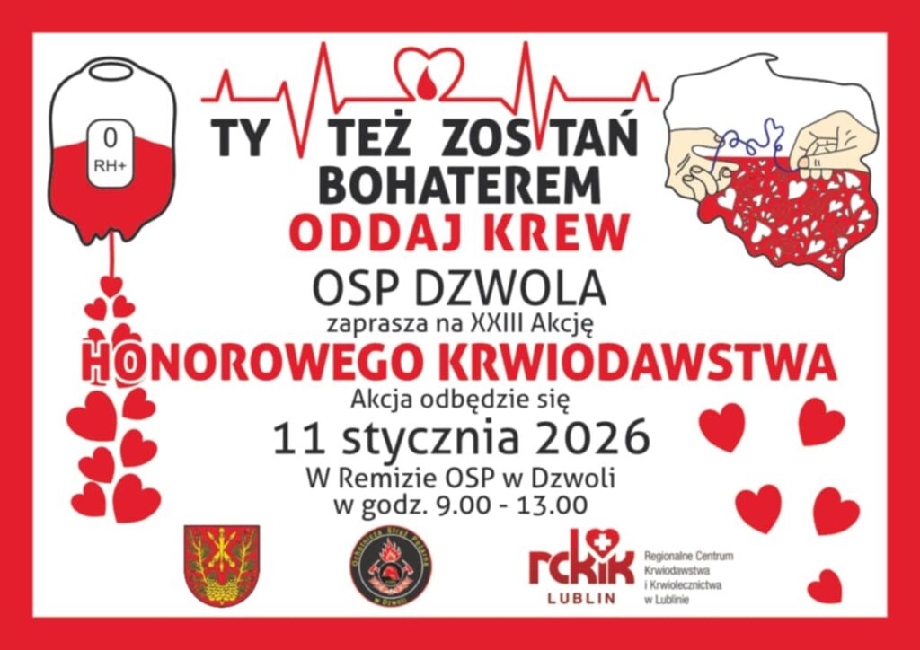 Plakat z czerwonym obrysem, krwią w worku oznaczonym "0 RH+", sercem z pulsującą linią, konturem Polski wypełnionym sercami i tekstem o akcji honorowego krwiodawstwa 11 stycznia 2026.