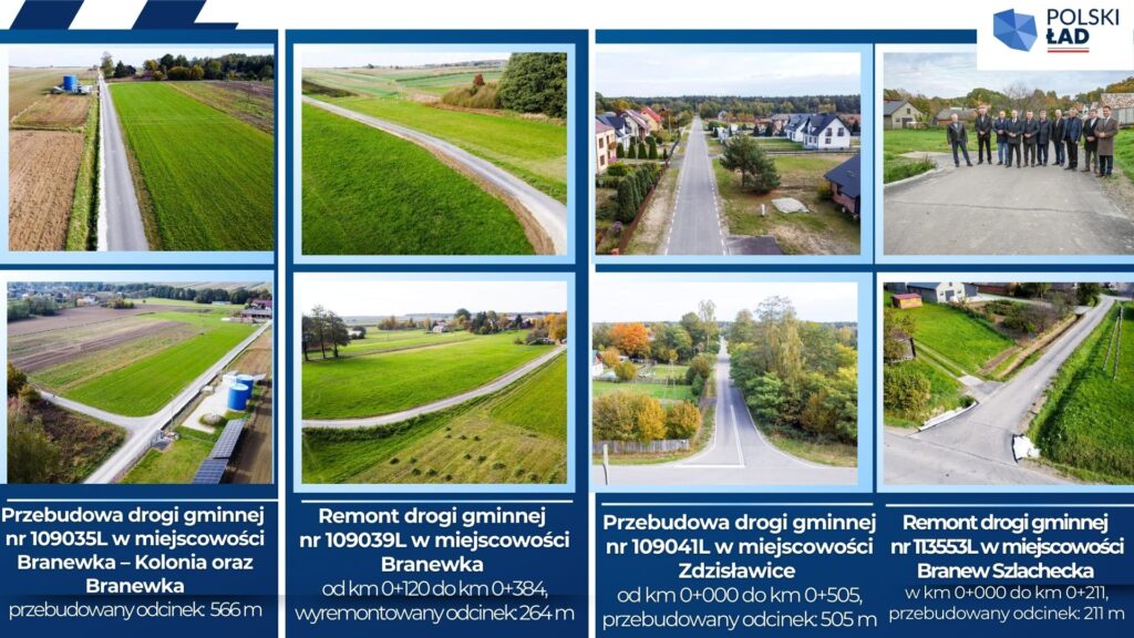 Cztery zdjęcia dróg gminnych i grupy mężczyzn na drodze, zielone pola, domy, drzewa o jesiennych kolorach, tekst opisujący przebudowę i remont dróg.