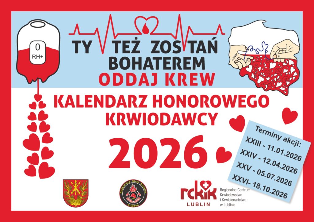 Krwiobag z oznaczeniem 0 RH+, czerwone serca, linia EKG z kroplą krwi i sercem, dłonie trzymające mapę Polski z sercami, daty akcji oddawania krwi na niebieskim tle, czerwono-białe tło.