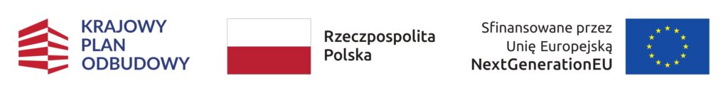 Czerwono-biały symbol budynku, tekst „Krajowy Plan Odbudowy”, flaga Polski, napis „Rzeczpospolita Polska”, tekst „Sfinansowane przez Unię Europejską NextGenerationEU” oraz flaga Unii Europejskiej.