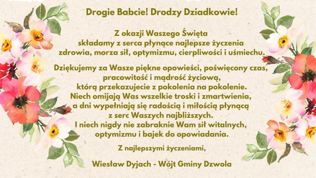 Tekst w kolorze oliwkowym na jasnym tle z akwarelowymi kwiatami po bokach, zawiera życzenia dla babć i dziadków.