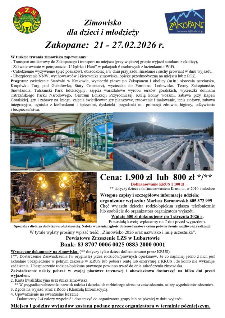 Logo LZS, logo Zakopanego, tekst zaproszenia na zimowisko w Zakopanem 21-27.02.2026, zdjęcia krytego basenu, śnieżnego labiryntu i oświetlonej zimowej ulicy z chodnikami i latarniami.