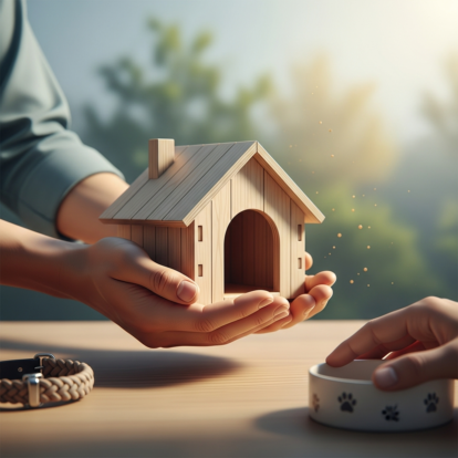 Dłonie trzymające drewniany model domku dla psa na jasnym stole, obok miska z łapkami i pleciona obroża, tło rozmyte z zielenią i światłem.